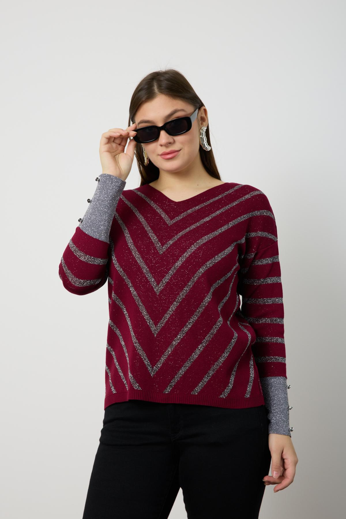 Wholesale Women Burgundy Glitter V Neck Knit Blouse with Buttons on Sleeves 724820