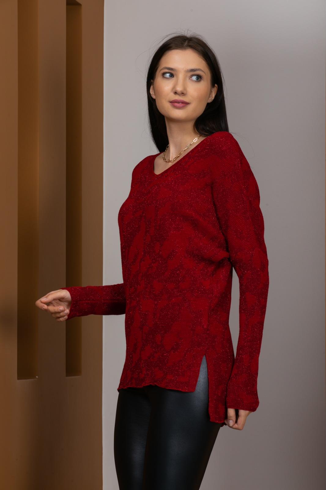 Kadın Bordo Simli V Yaka Kazak 710944