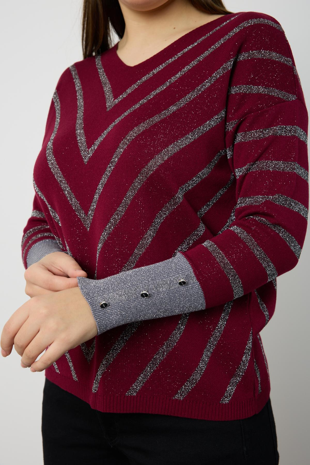 Wholesale Women Burgundy Glitter V Neck Knit Blouse with Buttons on Sleeves 724820