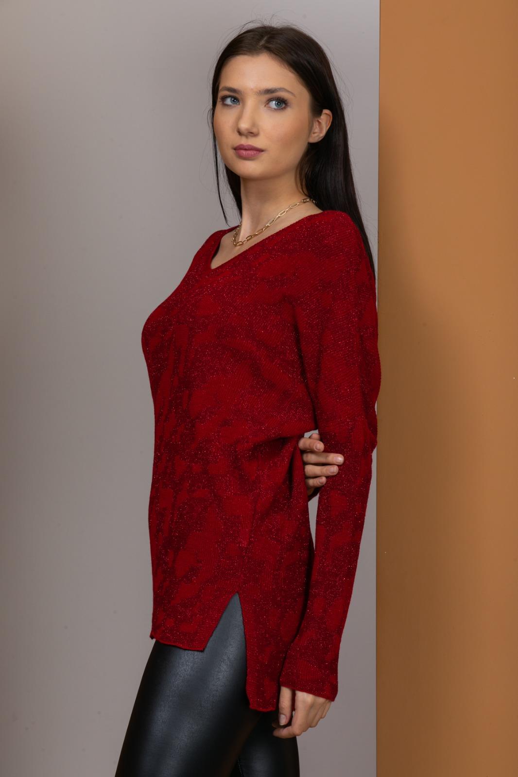 Kadın Bordo Simli V Yaka Kazak 710944