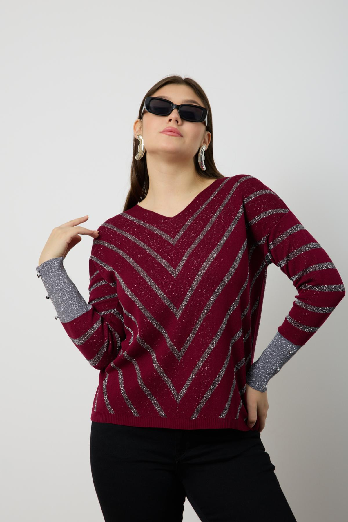 Wholesale Women Burgundy Glitter V Neck Knit Blouse with Buttons on Sleeves 724820