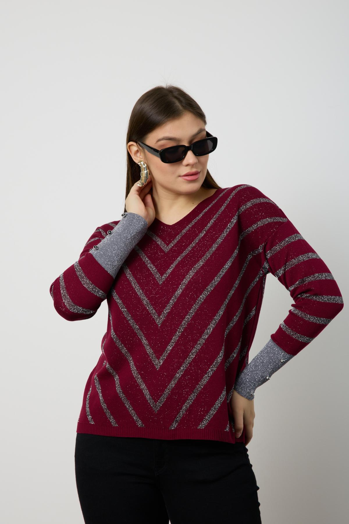 Wholesale Women Burgundy Glitter V Neck Knit Blouse with Buttons on Sleeves 724820