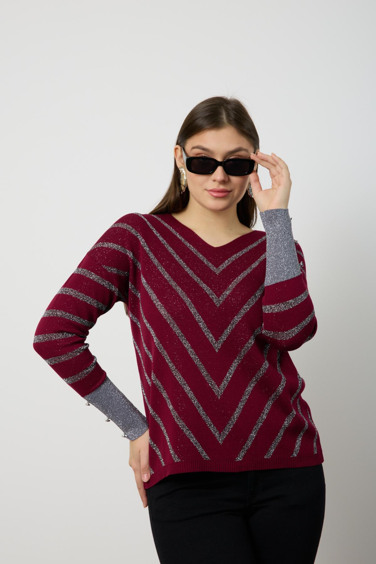 Wholesale Women Burgundy Glitter V Neck Knit Blouse with Buttons on Sleeves 724820