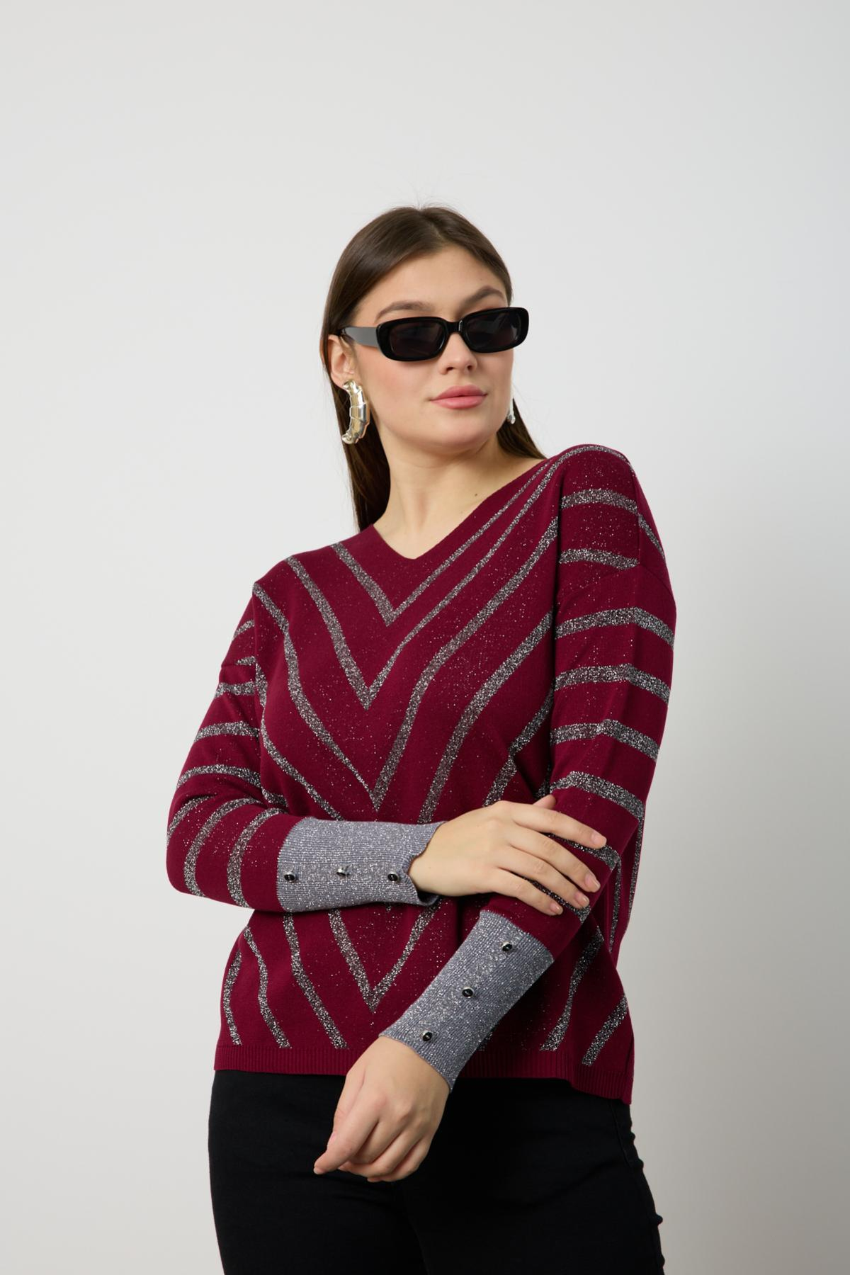 Wholesale Women Burgundy Glitter V Neck Knit Blouse with Buttons on Sleeves 724820