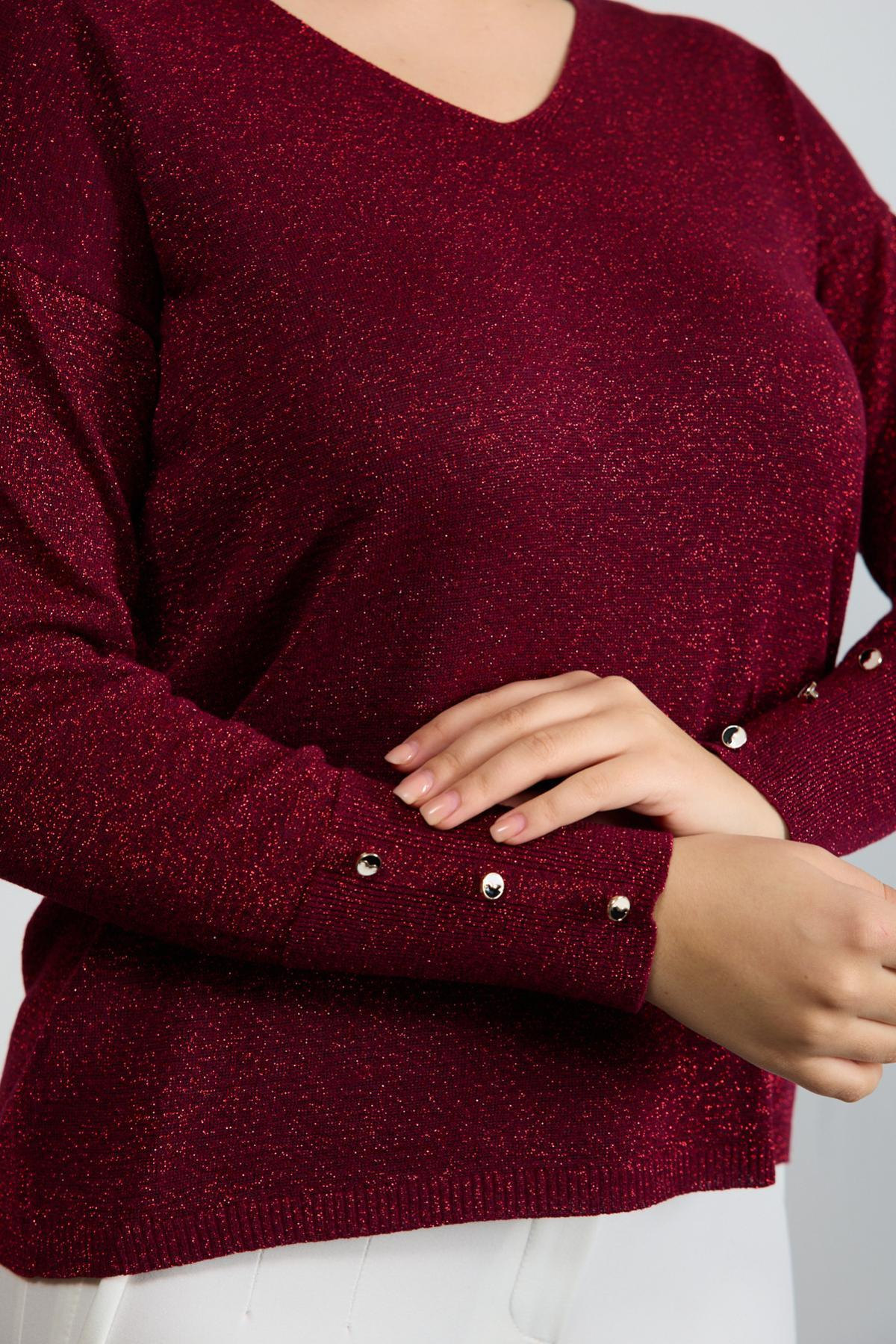 Wholesale Women Burgundy Glittery V Neck Knit Blouse with Wide Cuffs 724847