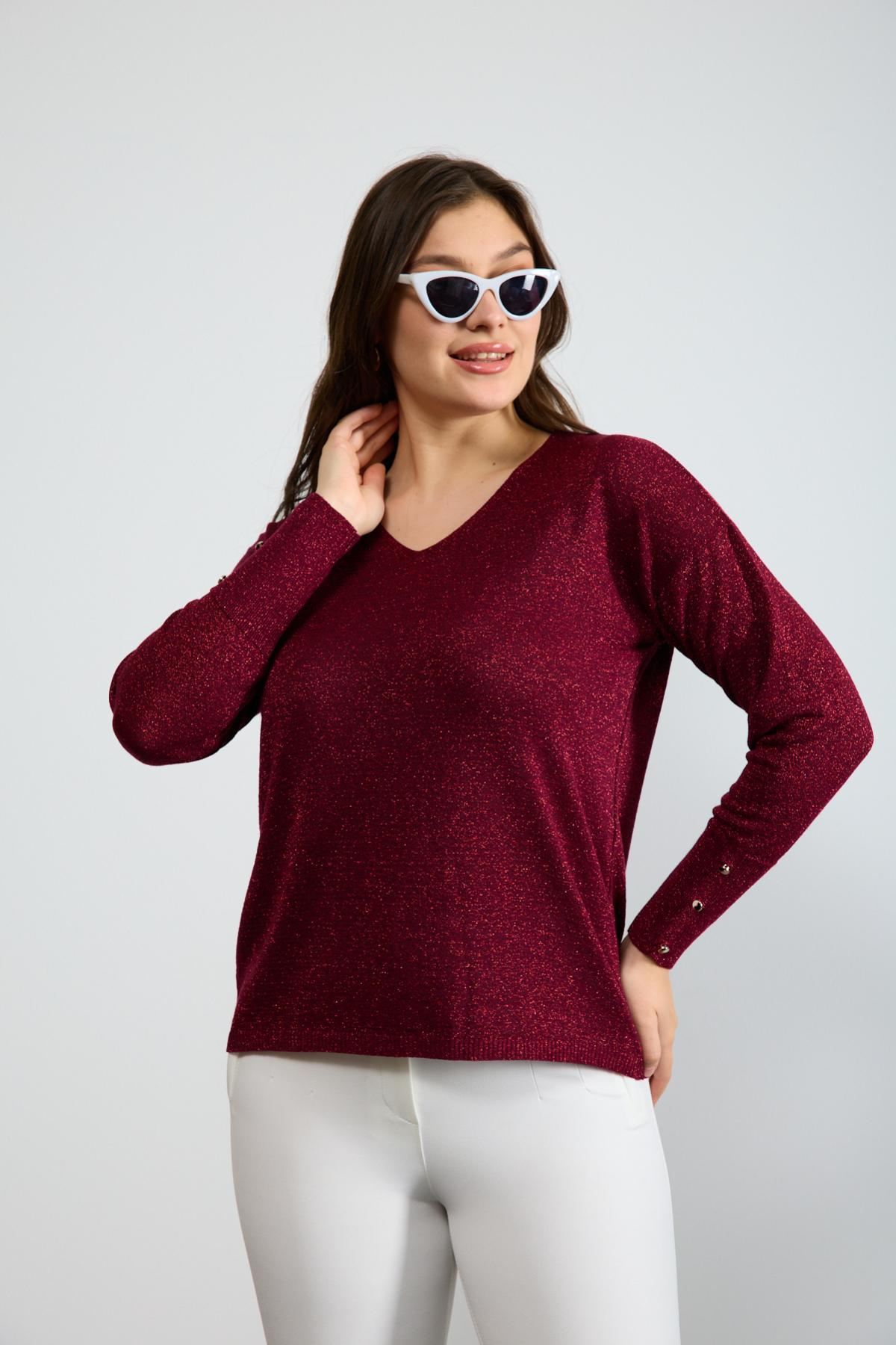 Wholesale Women Burgundy Glittery V Neck Knit Blouse with Wide Cuffs 724847