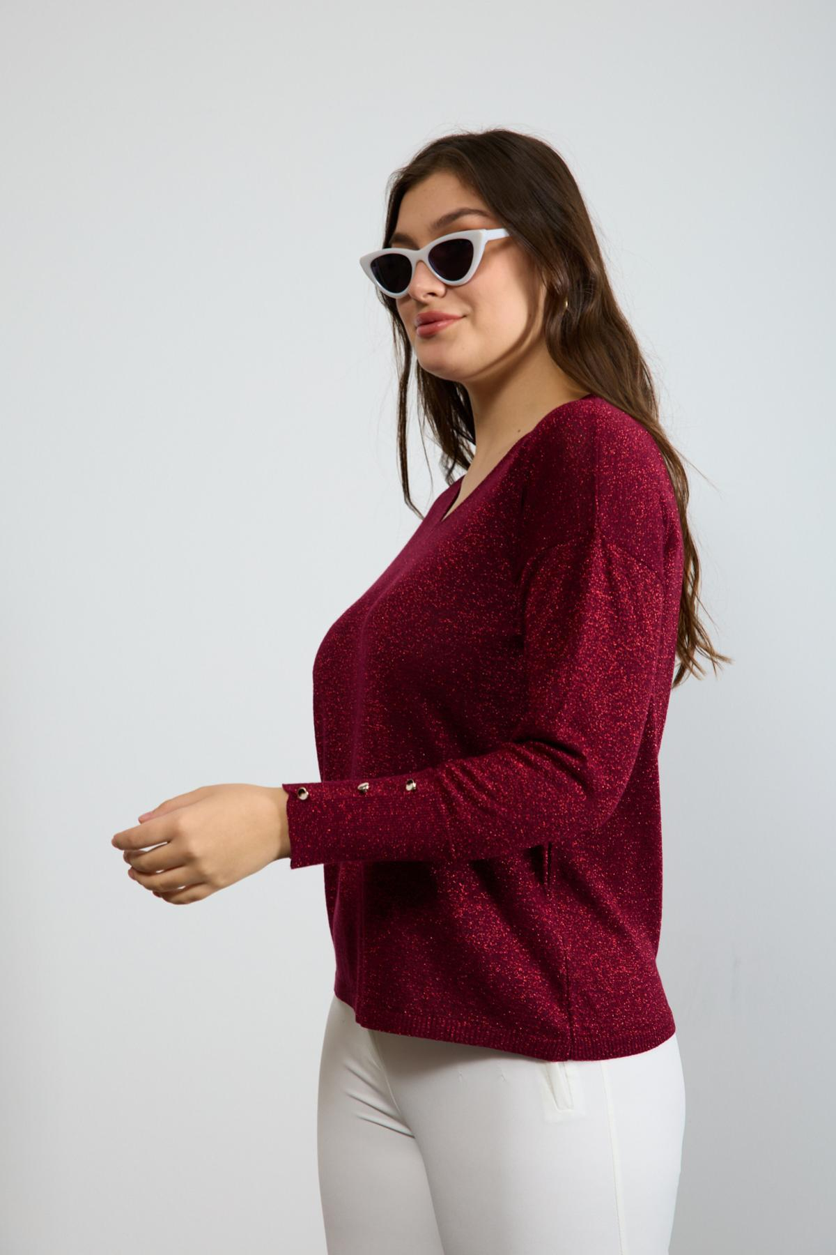 Wholesale Women Burgundy Glittery V Neck Knit Blouse with Wide Cuffs 724847
