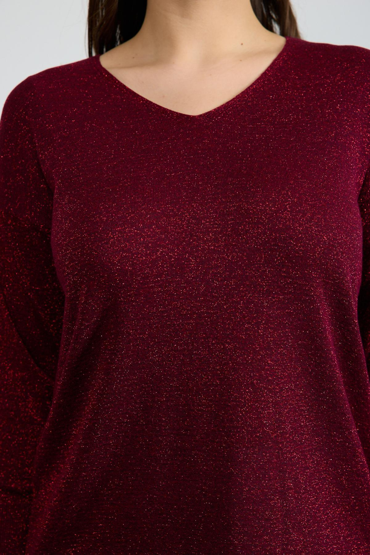 Wholesale Women Burgundy Glittery V Neck Knit Blouse with Wide Cuffs 724847