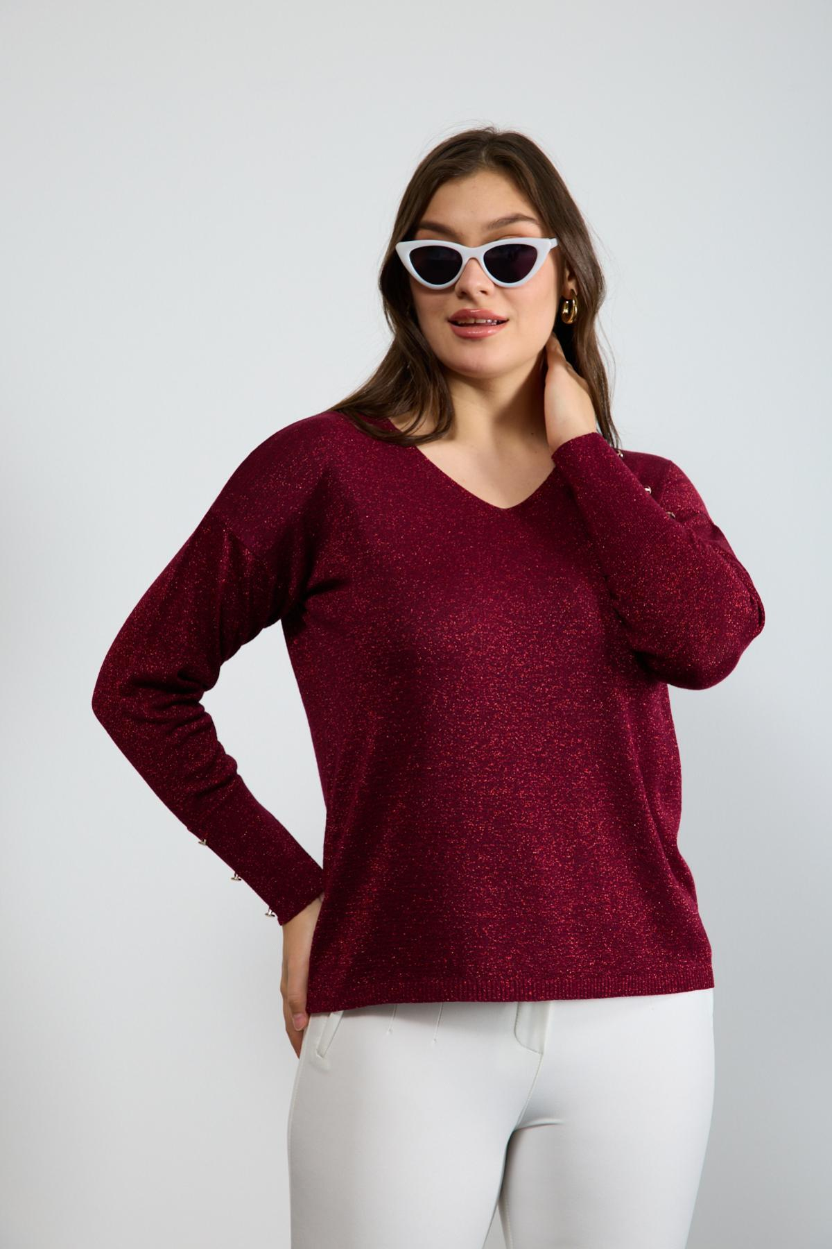 Wholesale Women Burgundy Glittery V Neck Knit Blouse with Wide Cuffs 724847