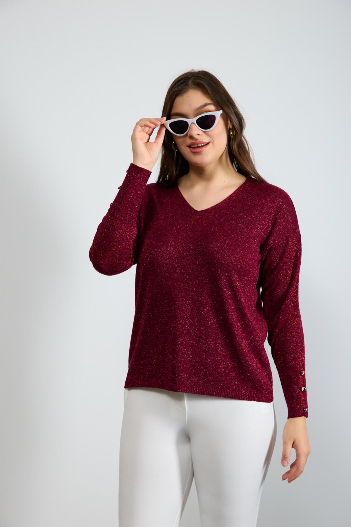 Wholesale Women Burgundy Glittery V Neck Knit Blouse with Wide Cuffs 724847