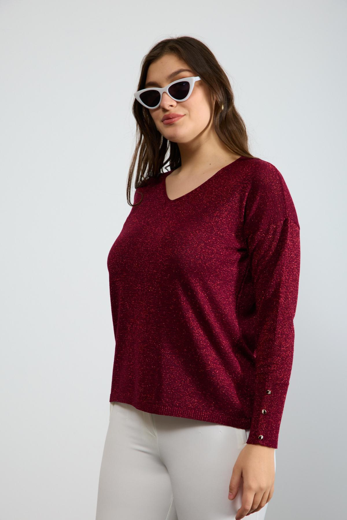 Wholesale Women Burgundy Glittery V Neck Knit Blouse with Wide Cuffs 724847