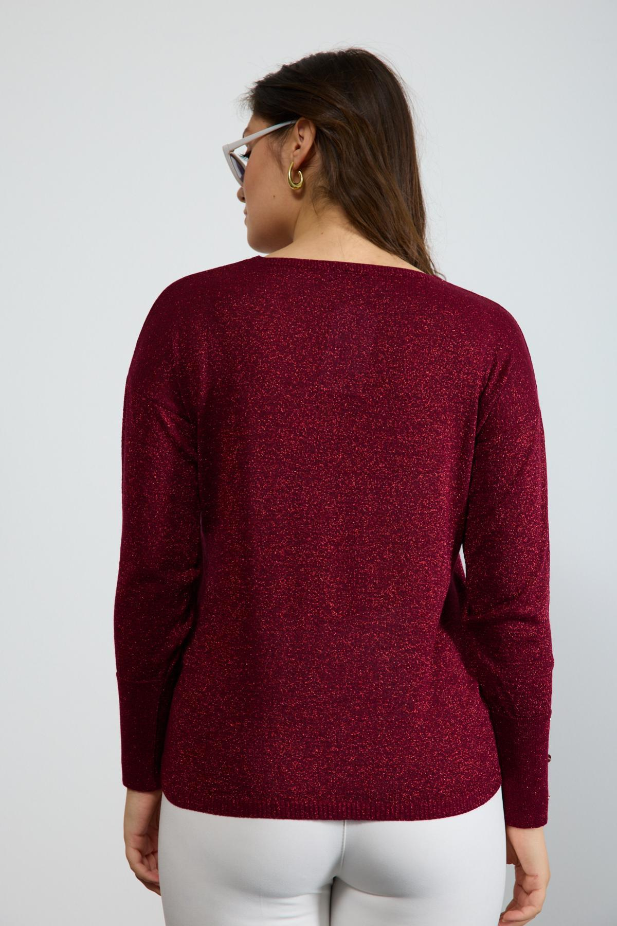 Wholesale Women Burgundy Glittery V Neck Knit Blouse with Wide Cuffs 724847