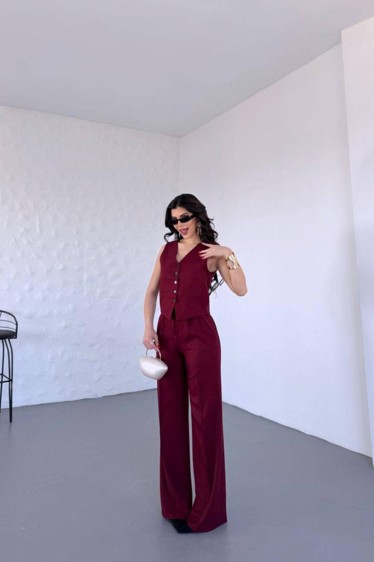 Wholesale Women Burgundy Linen Suit Vest and Trouser Set 730916