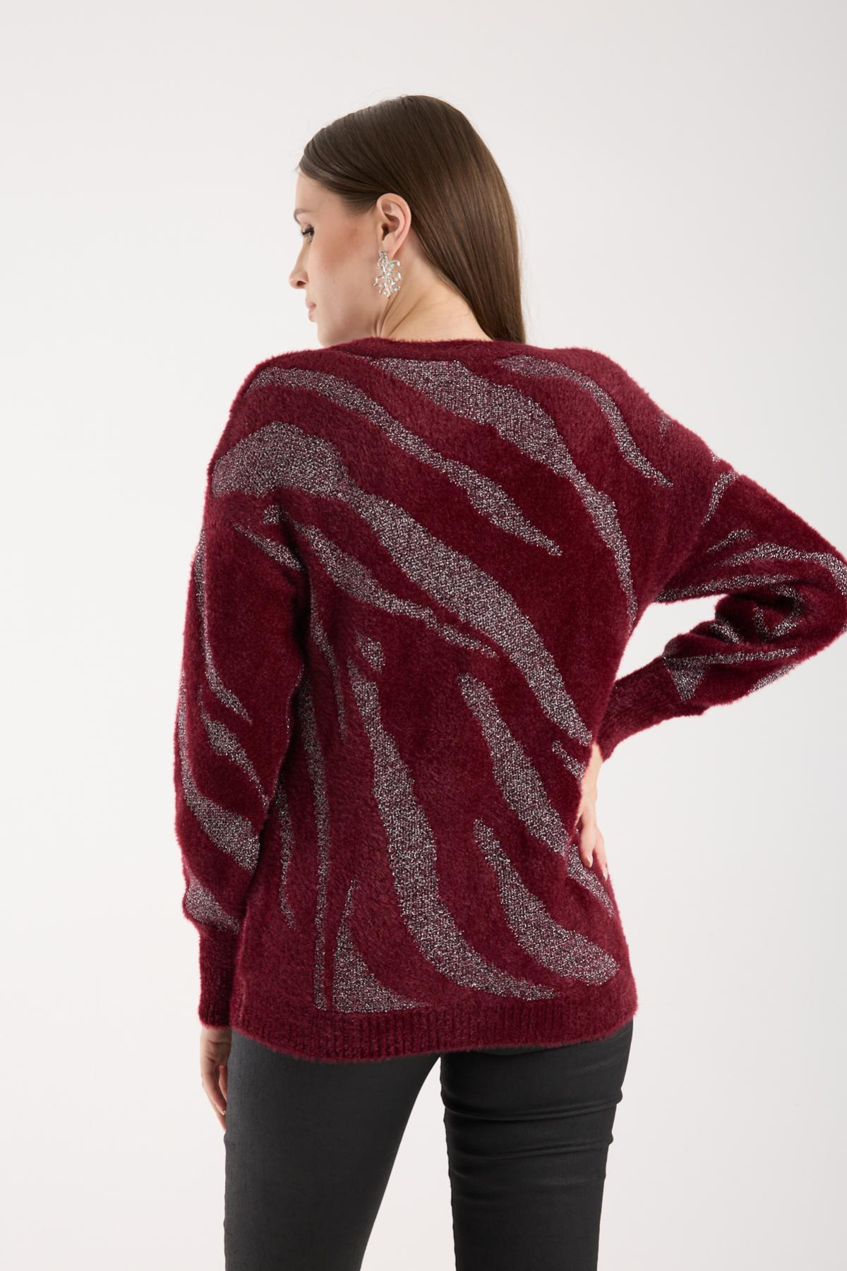 Wholesale Women Burgundy Lurex Crew-Neck Knit Blouse with Bishop Sleeves 738865