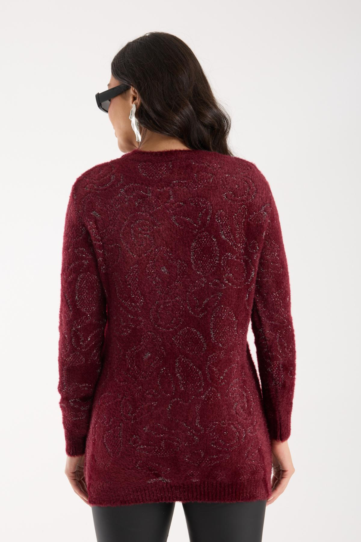 Wholesale Women Burgundy Lurex Crew-Neck Knit Blouse with Side Slits 738858