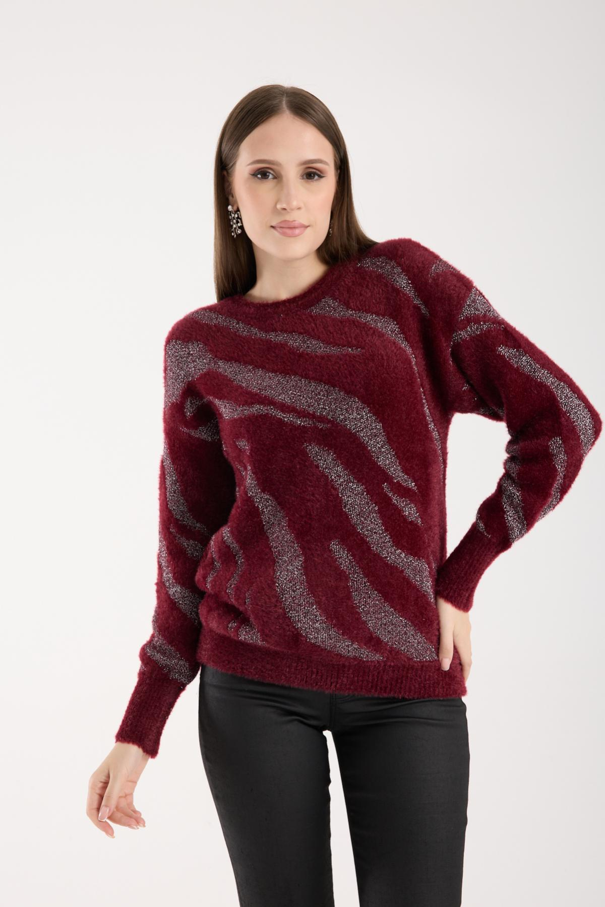 Wholesale Women Burgundy Lurex Crew-Neck Knit Blouse with Bishop Sleeves 738865