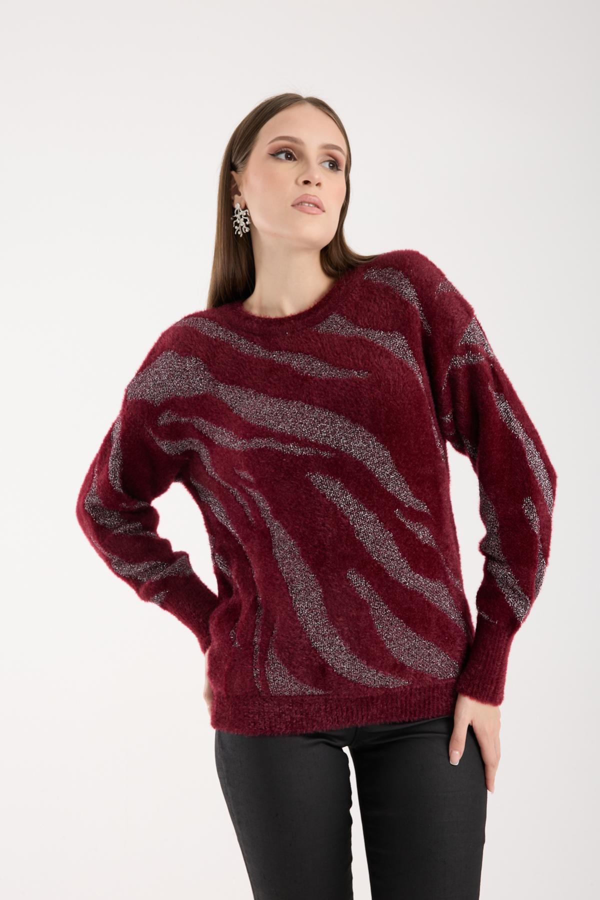 Wholesale Women Burgundy Lurex Crew-Neck Knit Blouse with Bishop Sleeves 738865