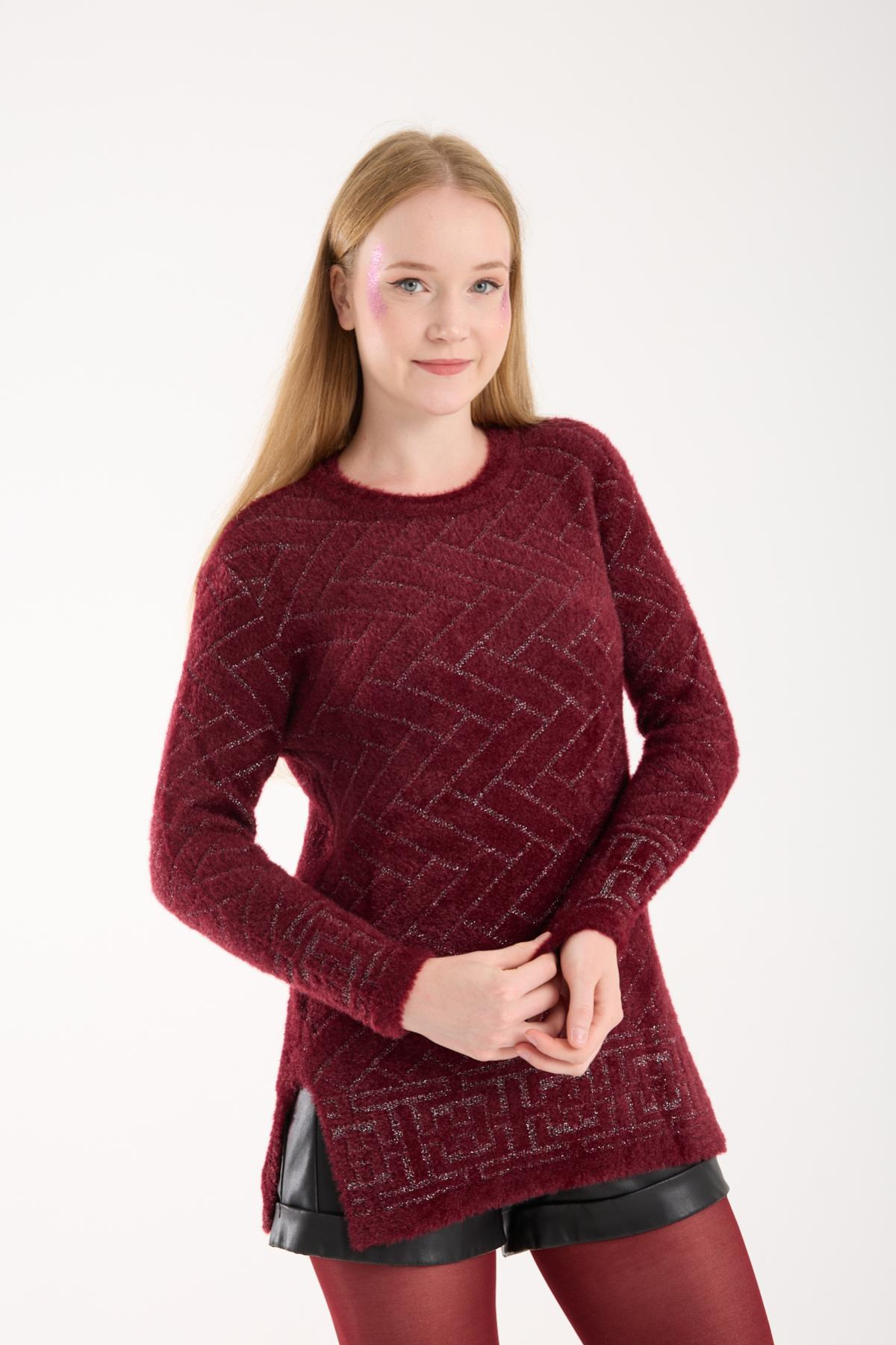 Wholesale Women Burgundy Lurex Crew-Neck Knit Blouse with Side Slits 738847