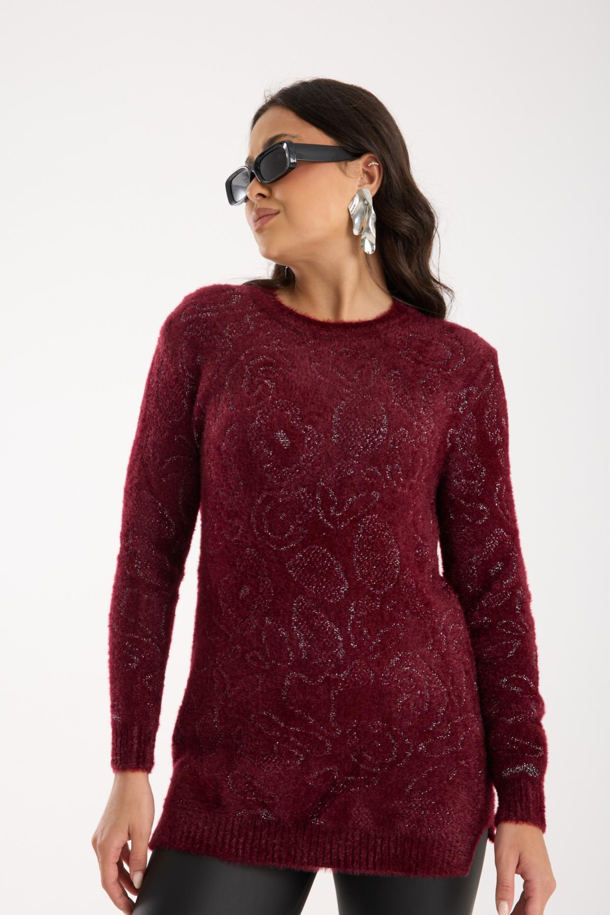Wholesale Women Burgundy Lurex Crew-Neck Knit Blouse with Side Slits 738858