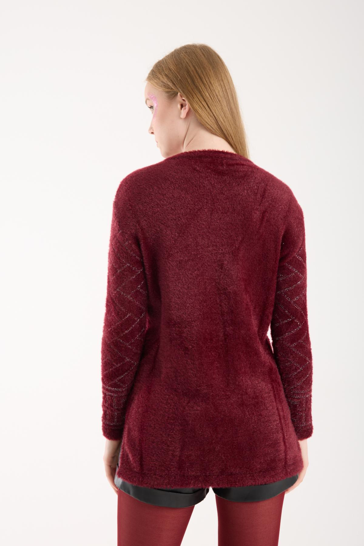 Wholesale Women Burgundy Lurex Crew-Neck Knit Blouse with Side Slits 738847