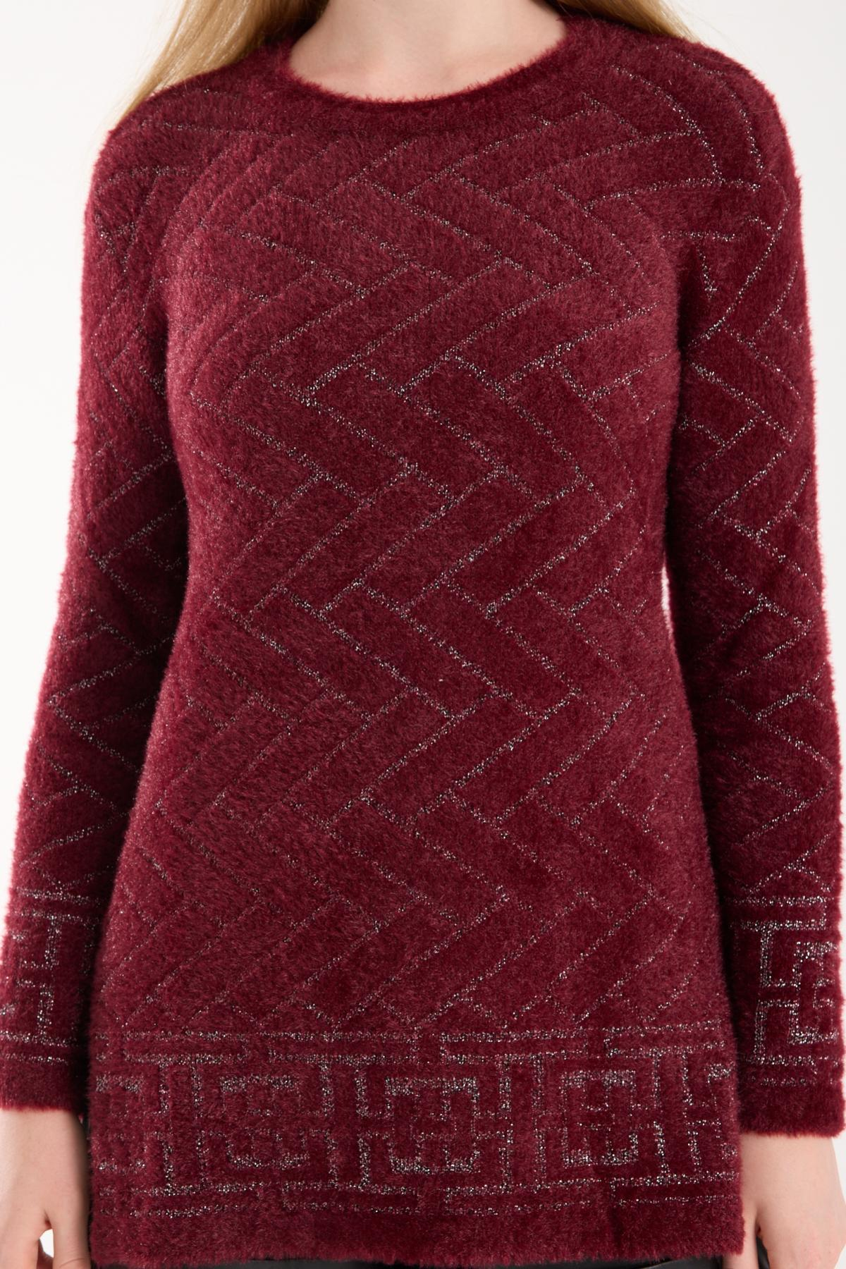 Wholesale Women Burgundy Lurex Crew-Neck Knit Blouse with Side Slits 738847