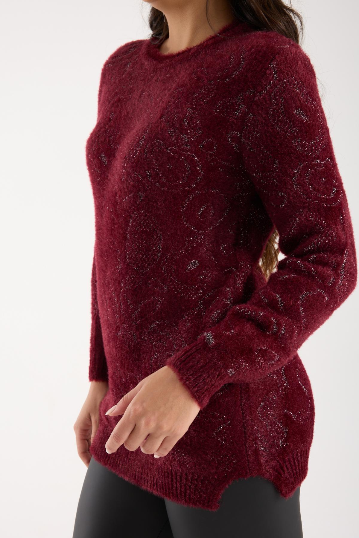 Wholesale Women Burgundy Lurex Crew-Neck Knit Blouse with Side Slits 738858