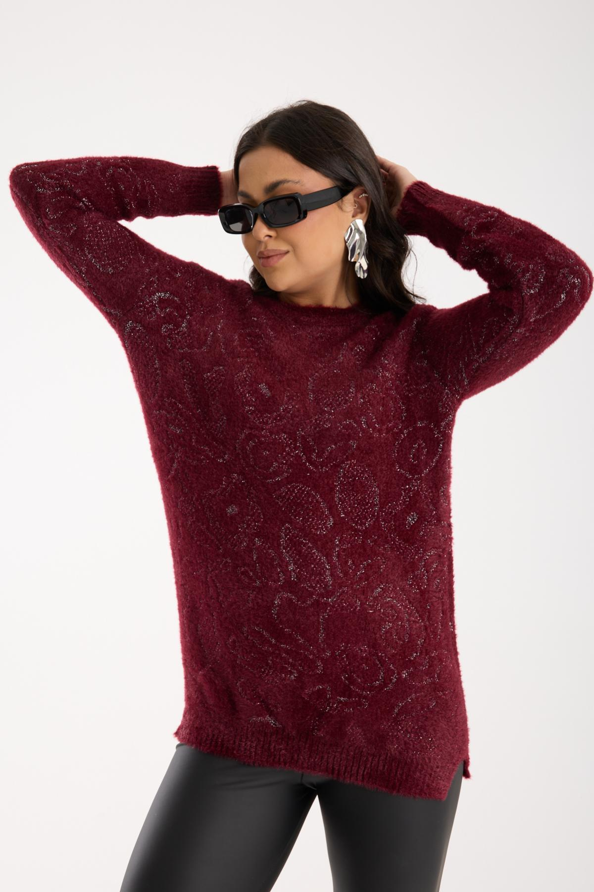 Wholesale Women Burgundy Lurex Crew-Neck Knit Blouse with Side Slits 738858