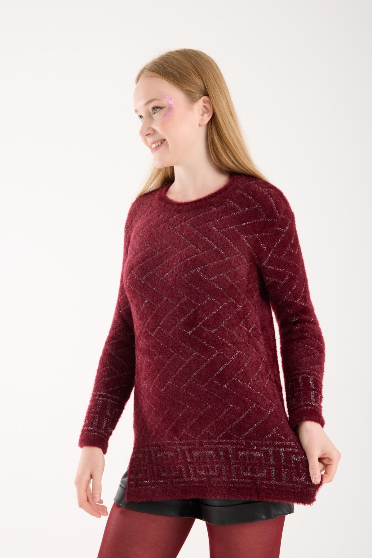 Wholesale Women Burgundy Lurex Crew-Neck Knit Blouse with Side Slits 738847