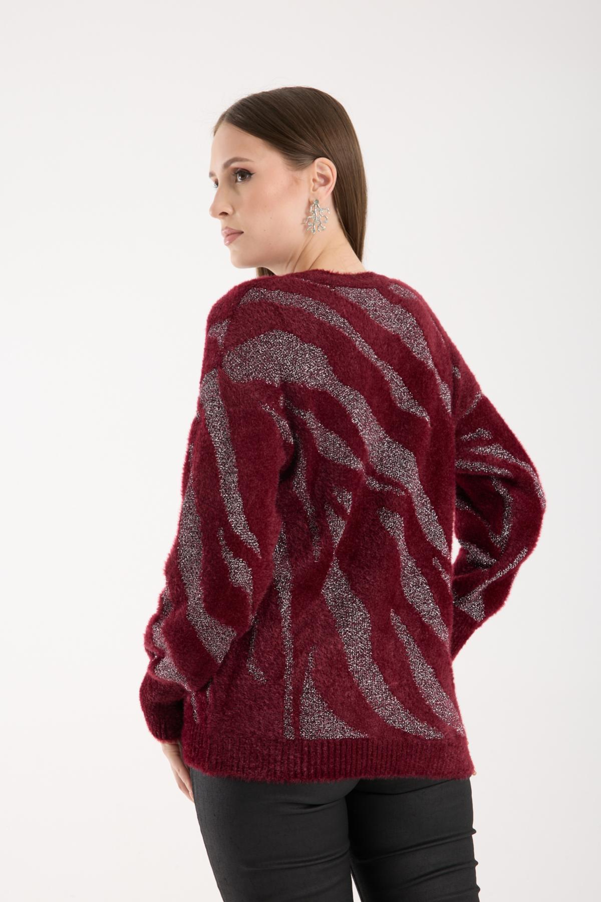 Wholesale Women Burgundy Lurex Crew-Neck Knit Blouse with Bishop Sleeves 738865