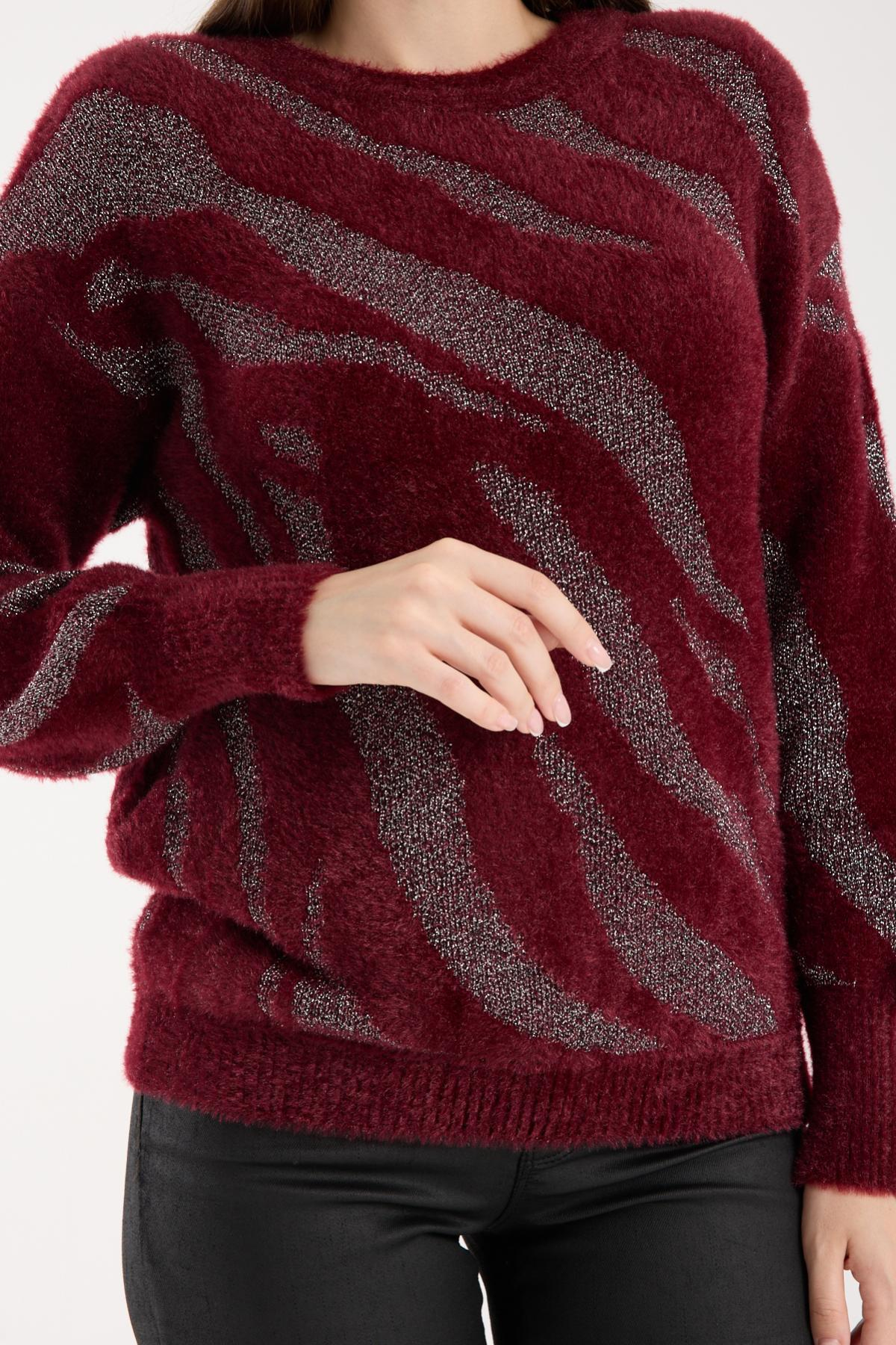 Wholesale Women Burgundy Lurex Crew-Neck Knit Blouse with Bishop Sleeves 738865