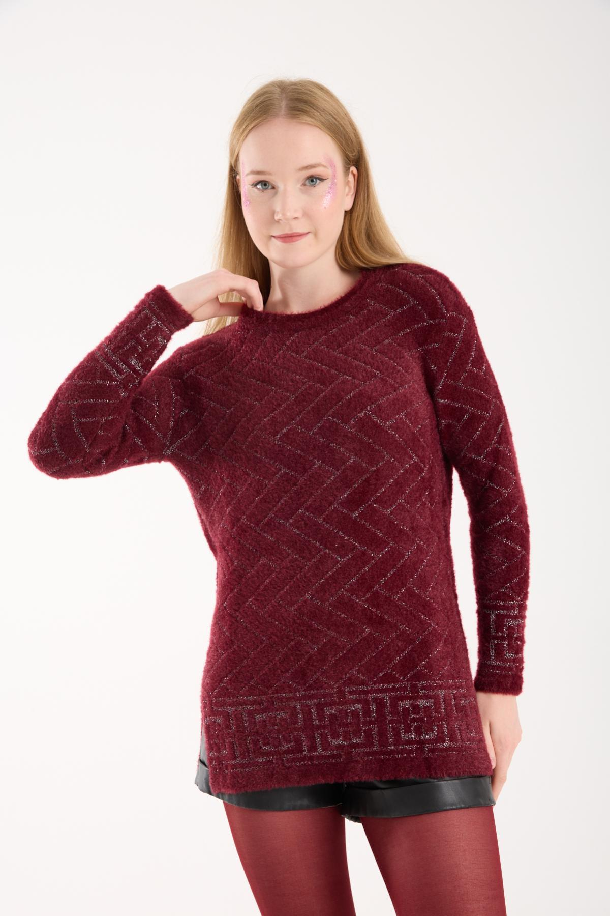 Wholesale Women Burgundy Lurex Crew-Neck Knit Blouse with Side Slits 738847
