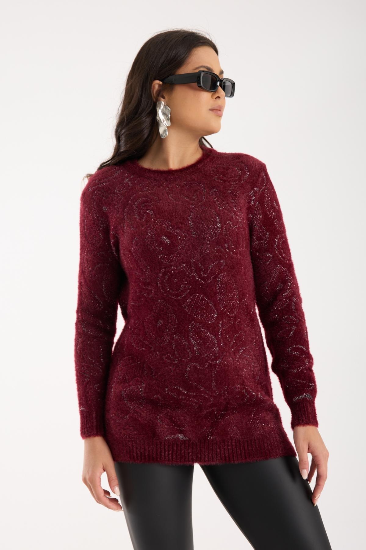Wholesale Women Burgundy Lurex Crew-Neck Knit Blouse with Side Slits 738858