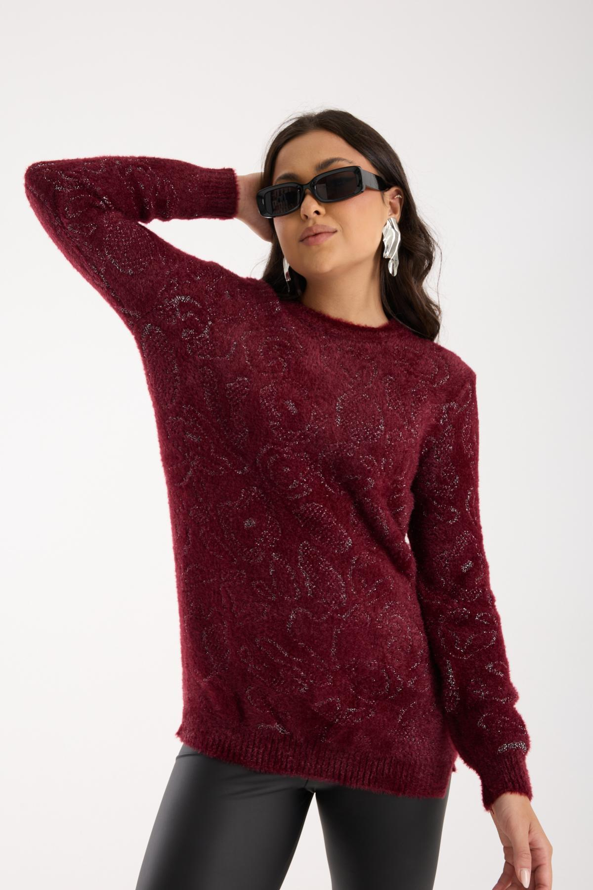 Wholesale Women Burgundy Lurex Crew-Neck Knit Blouse with Side Slits 738858