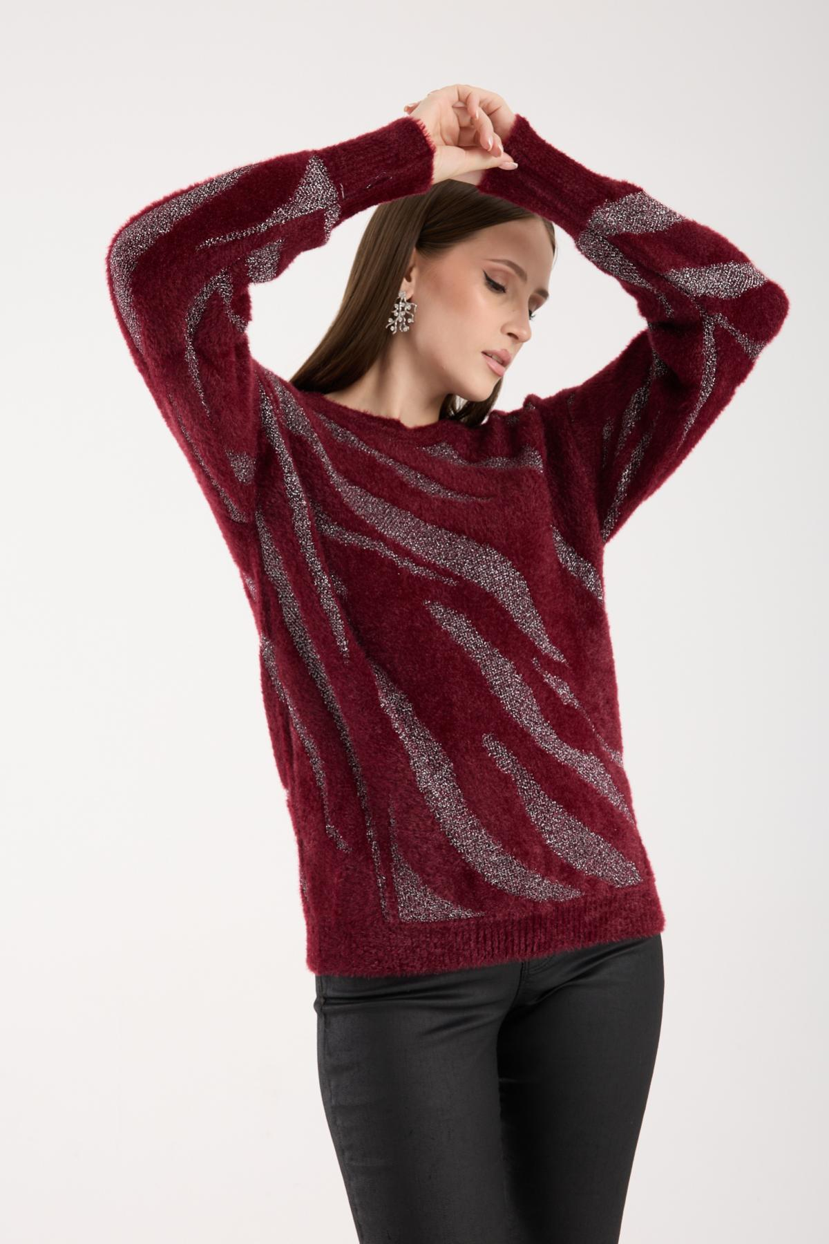 Wholesale Women Burgundy Lurex Crew-Neck Knit Blouse with Bishop Sleeves 738865