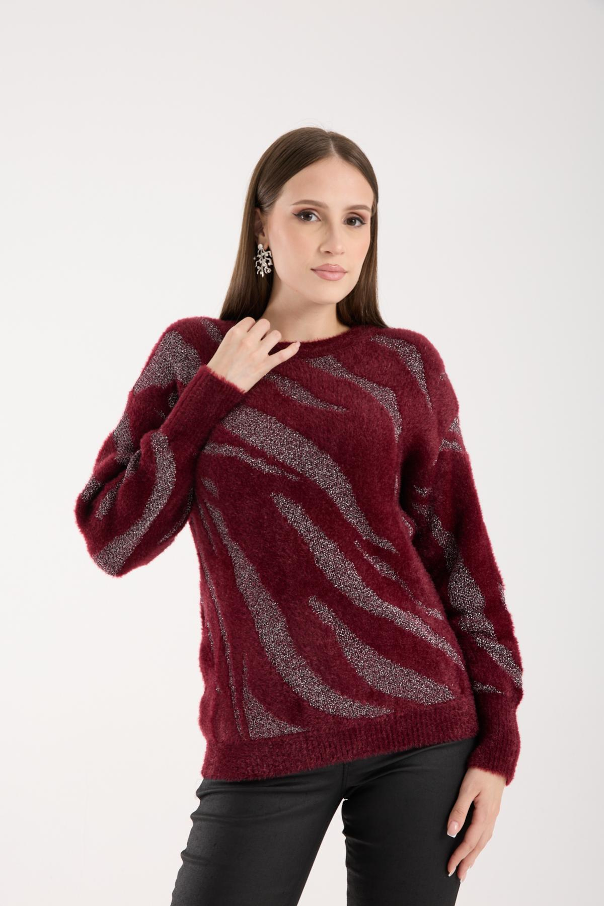 Wholesale Women Burgundy Lurex Crew-Neck Knit Blouse with Bishop Sleeves 738865
