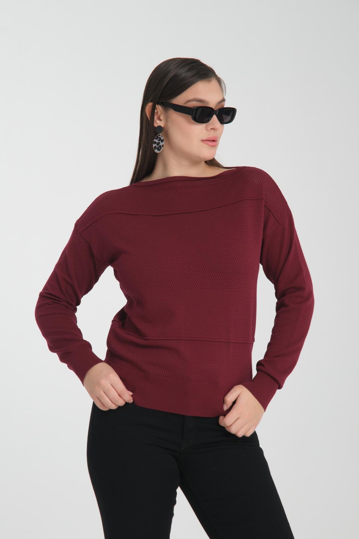 Wholesale Women Burgundy Openwork Boat Neck Knit Blouse 722667