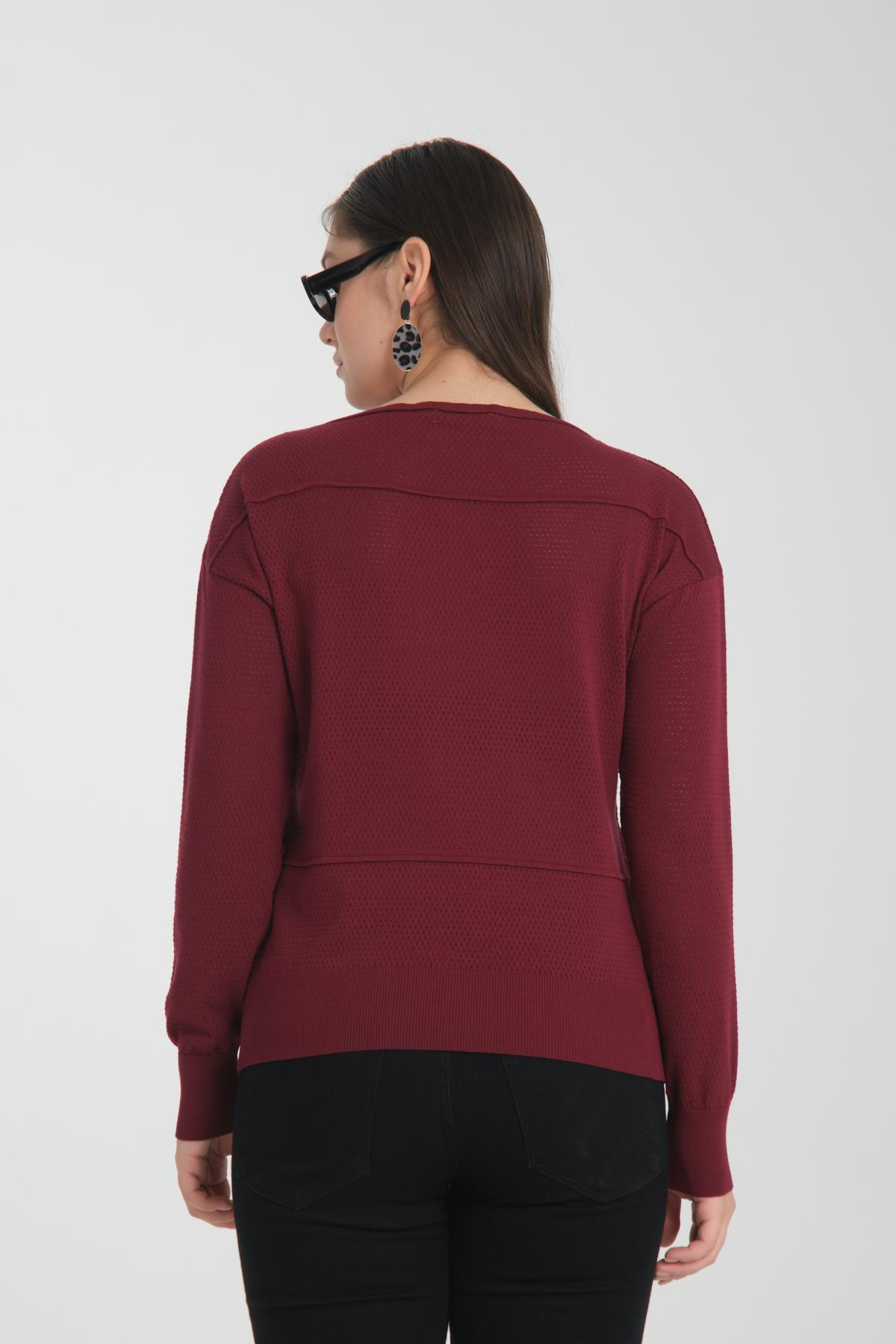 Wholesale Women Burgundy Openwork Boat Neck Knit Blouse 722667