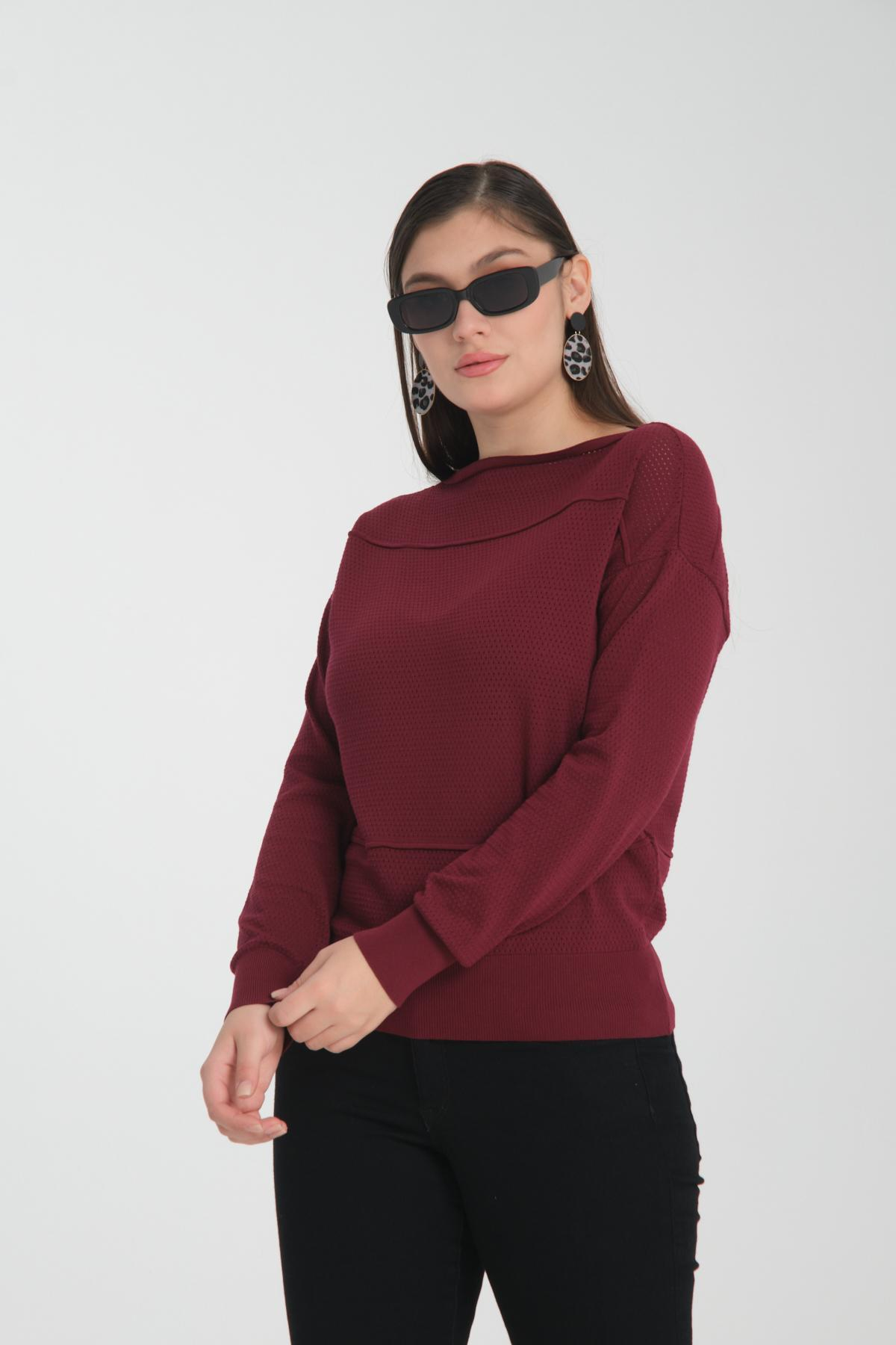 Wholesale Women Burgundy Openwork Boat Neck Knit Blouse 722667