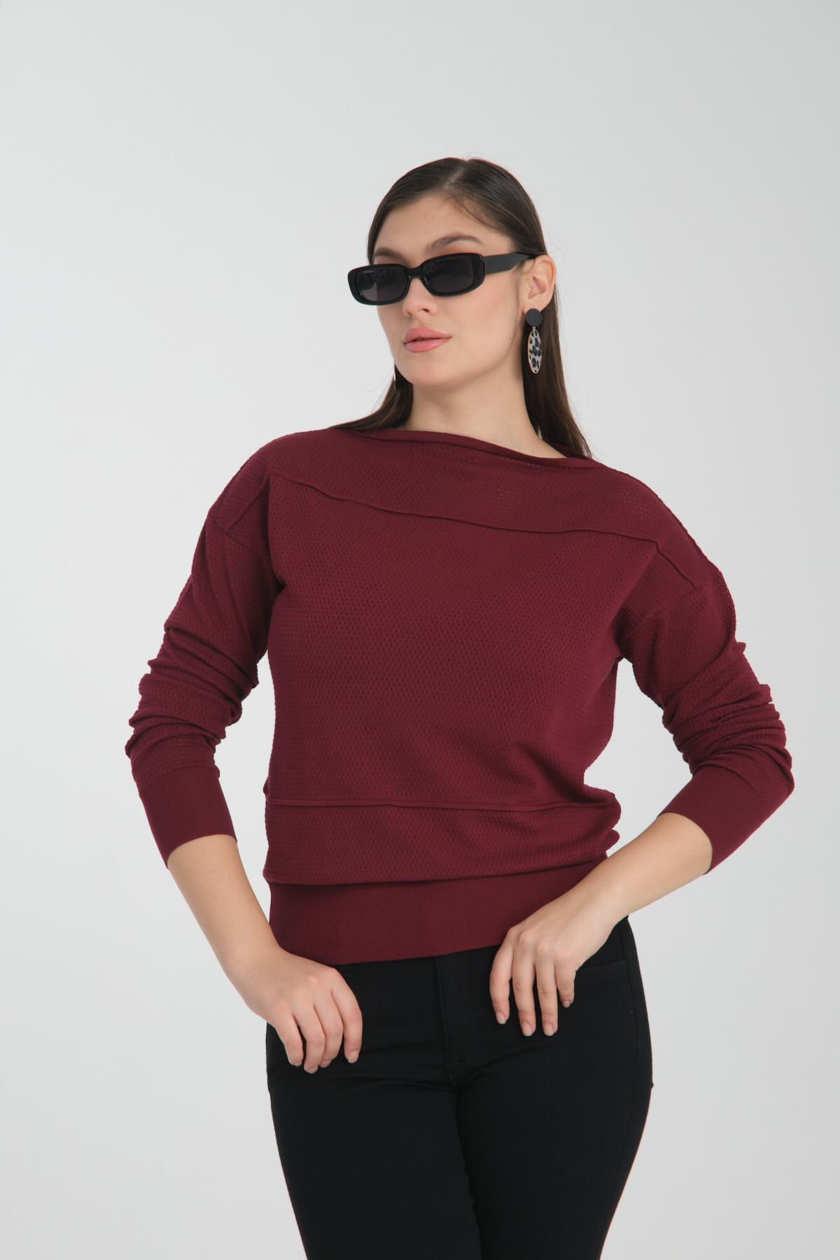 Wholesale Women Burgundy Openwork Boat Neck Knit Blouse 722667