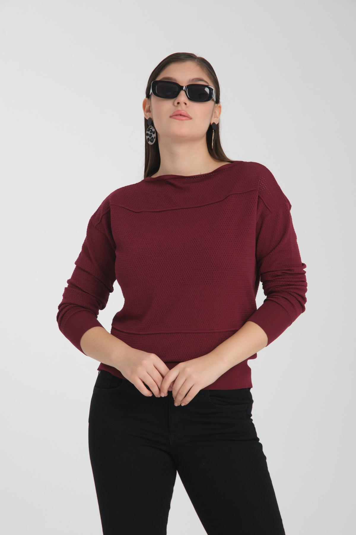 Wholesale Women Burgundy Openwork Boat Neck Knit Blouse 722667