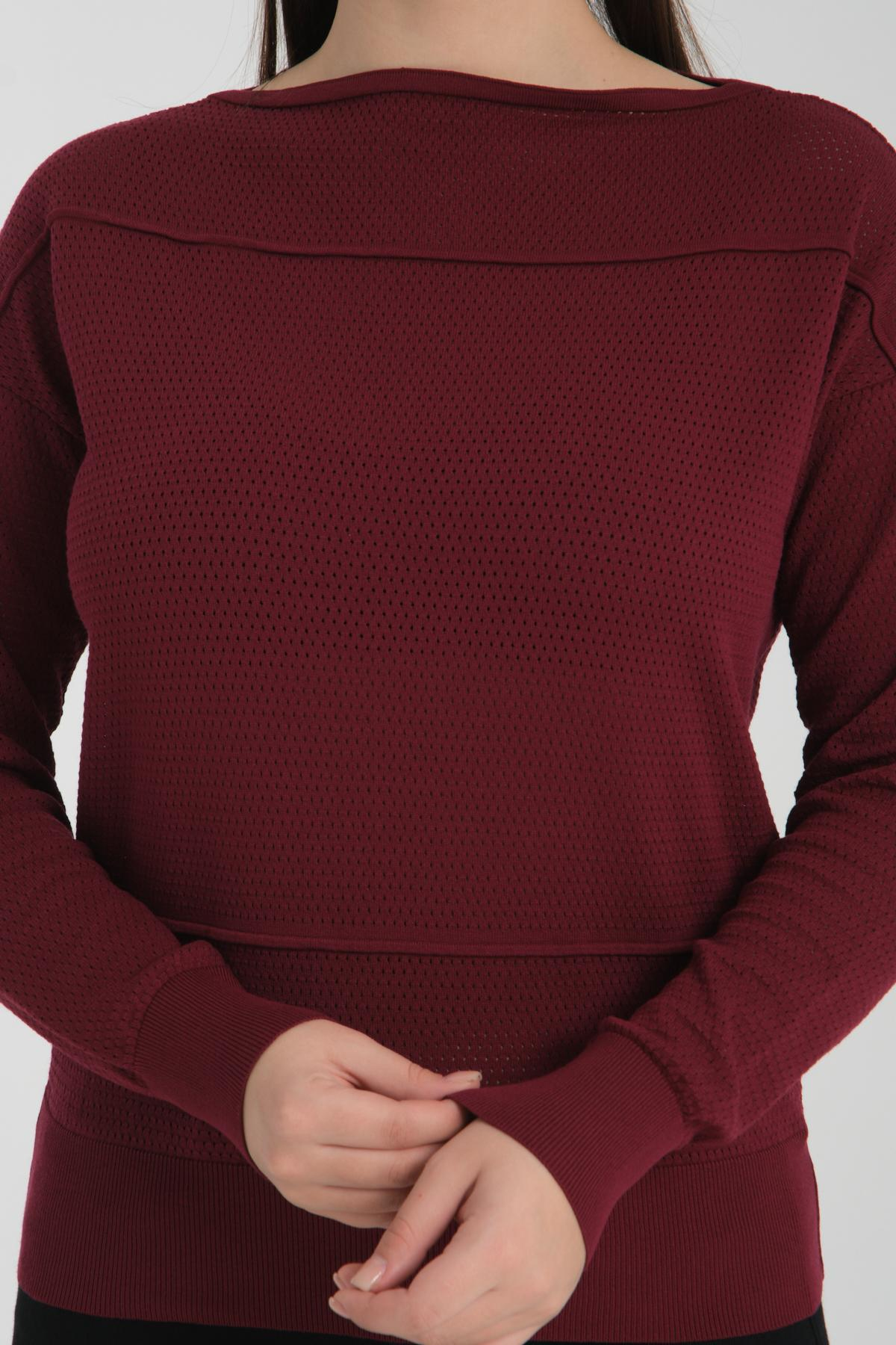 Wholesale Women Burgundy Openwork Boat Neck Knit Blouse 722667