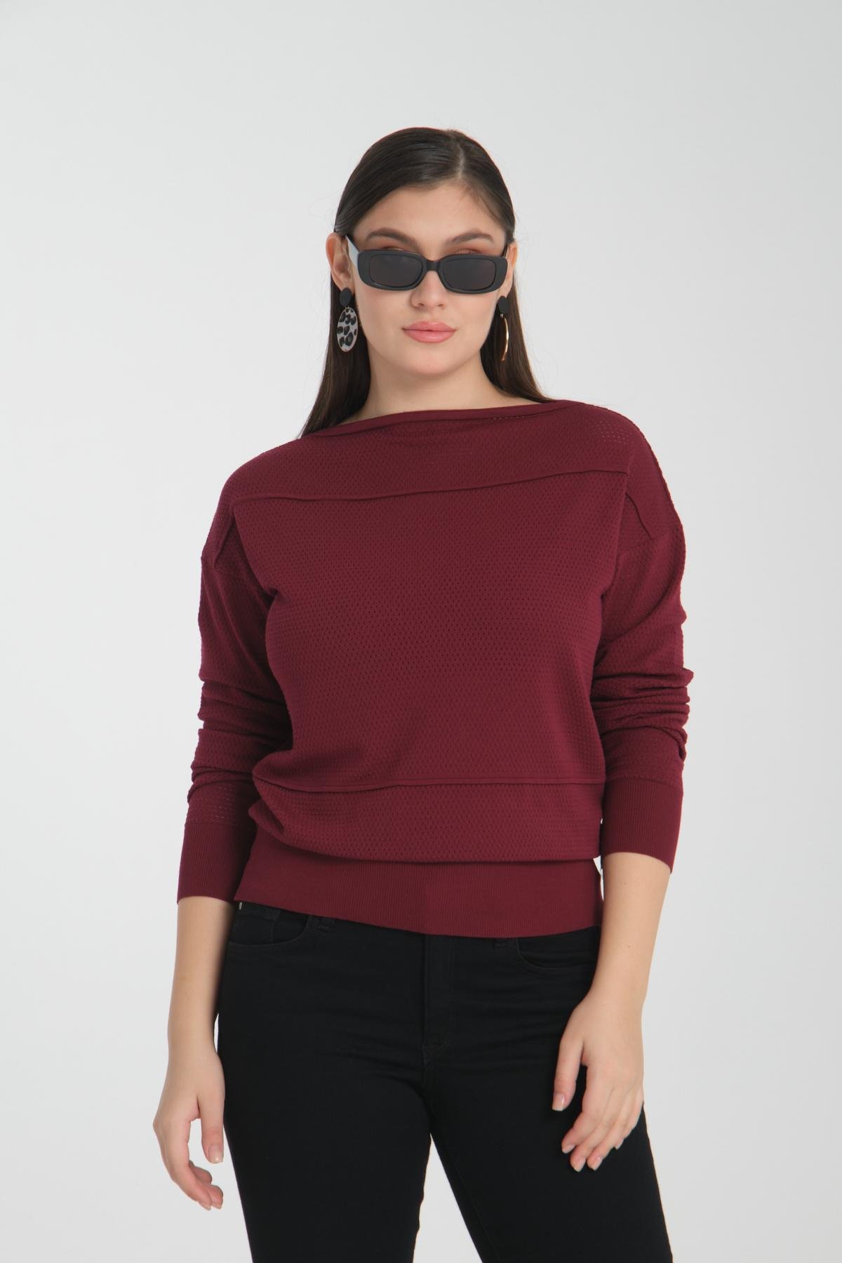 Wholesale Women Burgundy Openwork Boat Neck Knit Blouse 722667