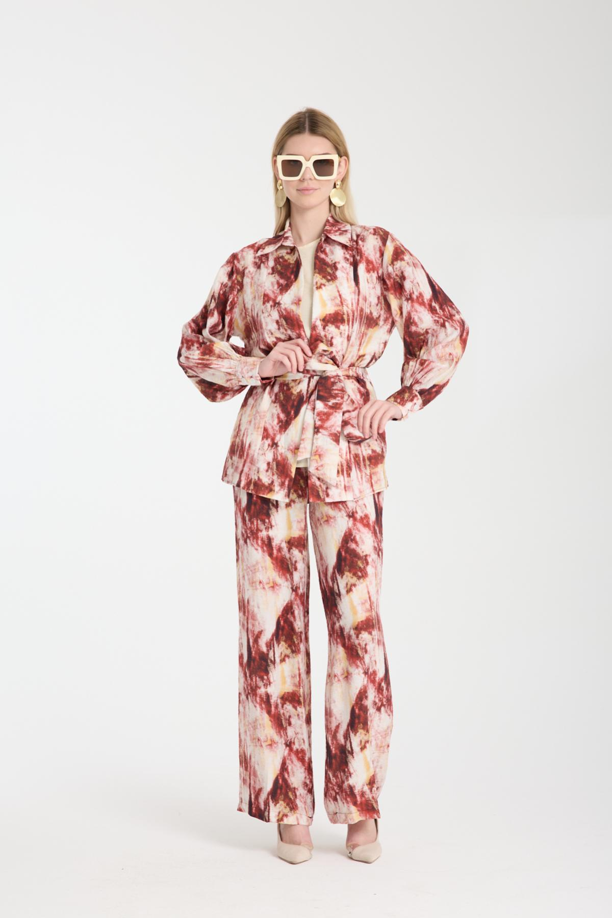 Wholesale Women Burgundy Three-Piece Patterned Suit 729223