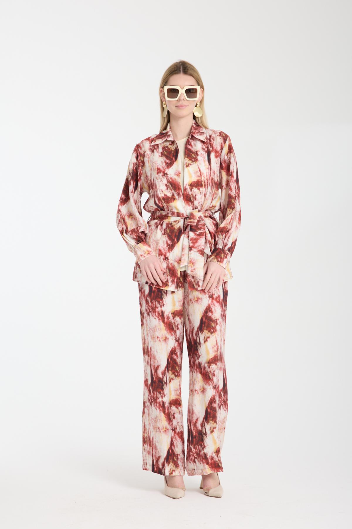 Wholesale Women Burgundy Three-Piece Patterned Suit 729223
