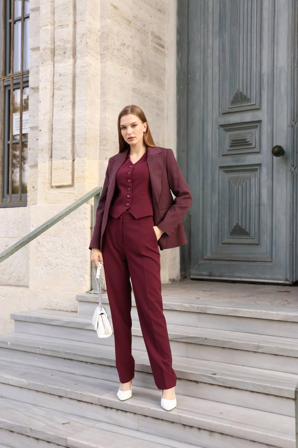 Wholesale Women Burgundy Three Piece Suit Blazer Vest and Pants Set 718306