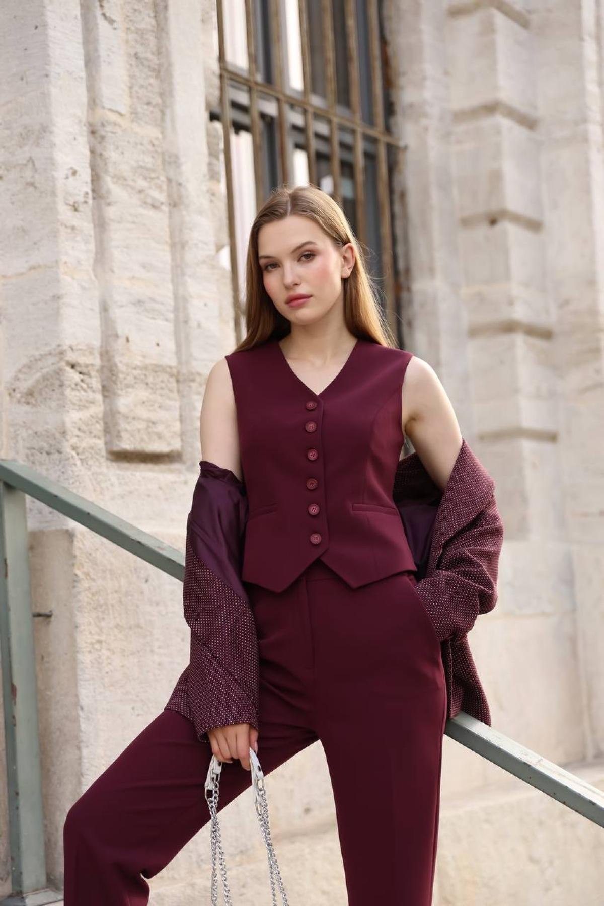 Wholesale Women Burgundy Three Piece Suit Blazer Vest and Pants Set 718306