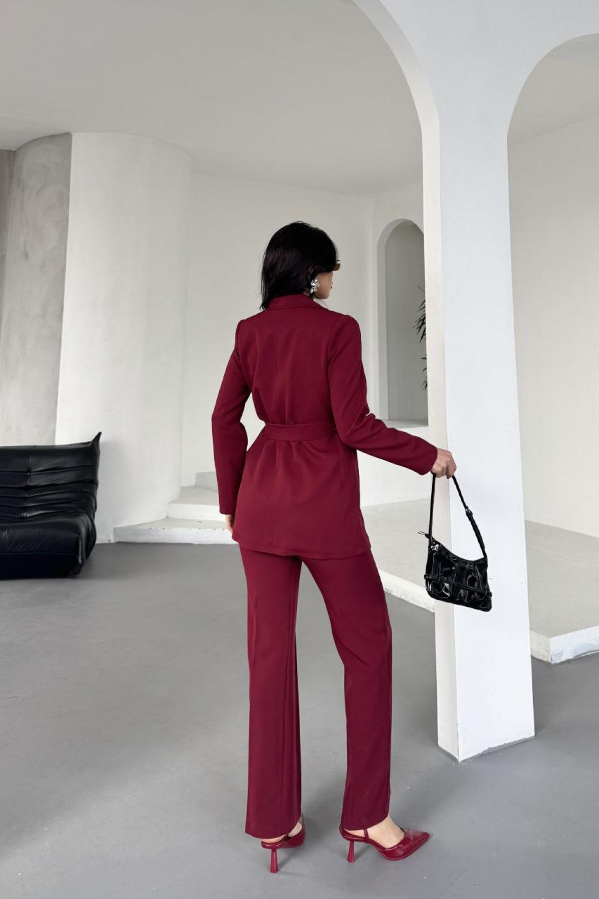 Wholesale Women Burgundy Two Piece Button Detail Suit Blazer and Trouser Set 728489