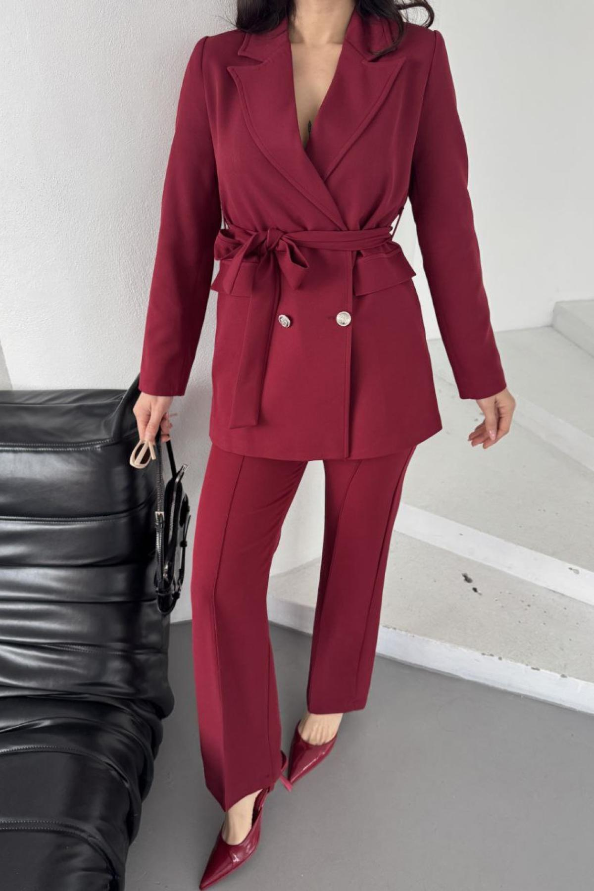 Wholesale Women Burgundy Two Piece Button Detail Suit Blazer and Trouser Set 728489