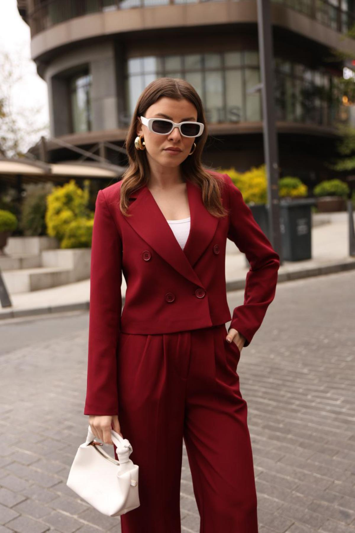 Wholesale Women Burgundy Two Piece Suit Blazer and Pants Set 737334