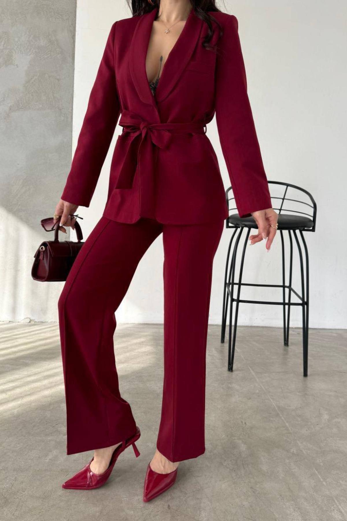 Wholesale Women Burgundy Two Piece Suit Blazer and Pants Set 728483